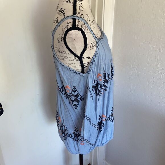 Free People Blue Embroidered Cold Shoulder Top Contemporary Festival Boho - Picture 3 of 14